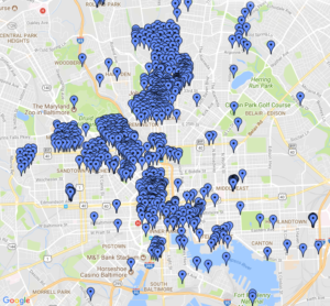 A map of Baltimore, showing map pins where stories have been recorded about the city.